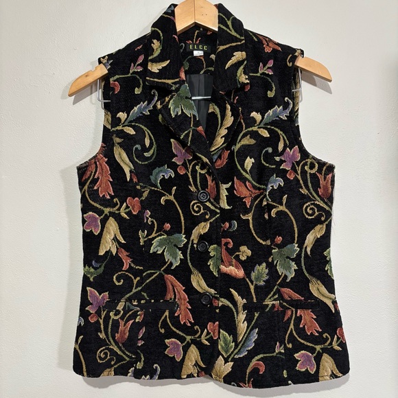 Elcc Jackets & Blazers - ELCC Vintage Tapestry Vest Size Small Velvet Floral Brocade Black Multicolor